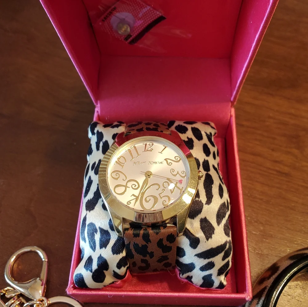 Betsey Johnson Gold Tone & Leopard Band Watch